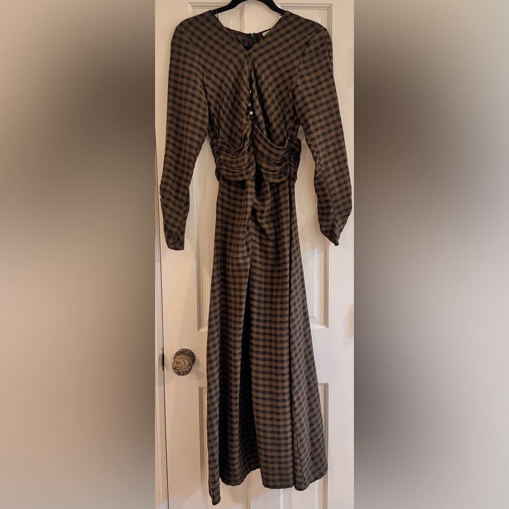 Zara Long Sleeve Brown Plaid Ruched Waist Dress - Picture 2 of 4
